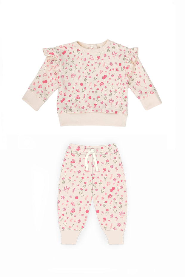 Flowers White Swan Set Ruffle Pullover + Pant Pima Cotton